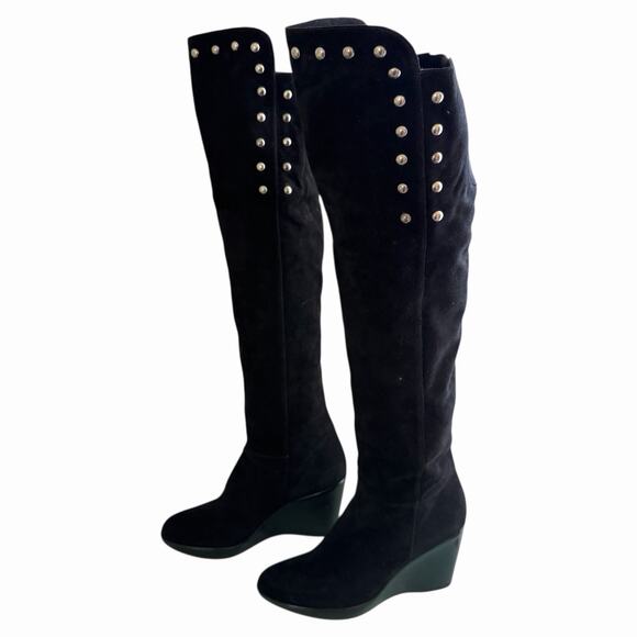Vintage Y2K Stuart Weitzman Boots 8 Moto Over The Knee Studded Black Suede Wedge - Picture 2 of 8